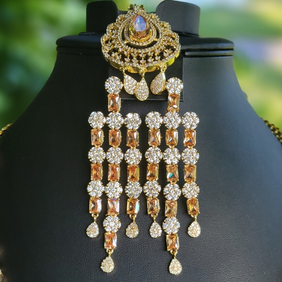 Beautiful 3 layer Long Statement Simulated Diamond Necklace Earrings with Tika. - Picture 3 of 5